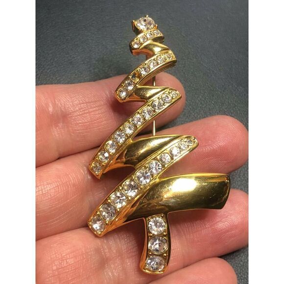 Monet Jewelry - 3534 Monet signed gold zig-zag CZ christmas tree brooch pin